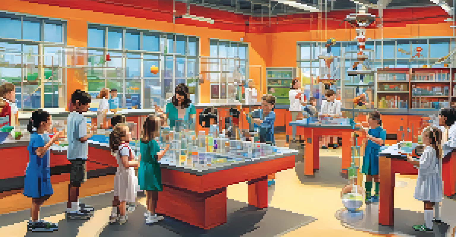 Children conducting experiments in an interactive science museum, surrounded by colorful exhibits and an instructor.