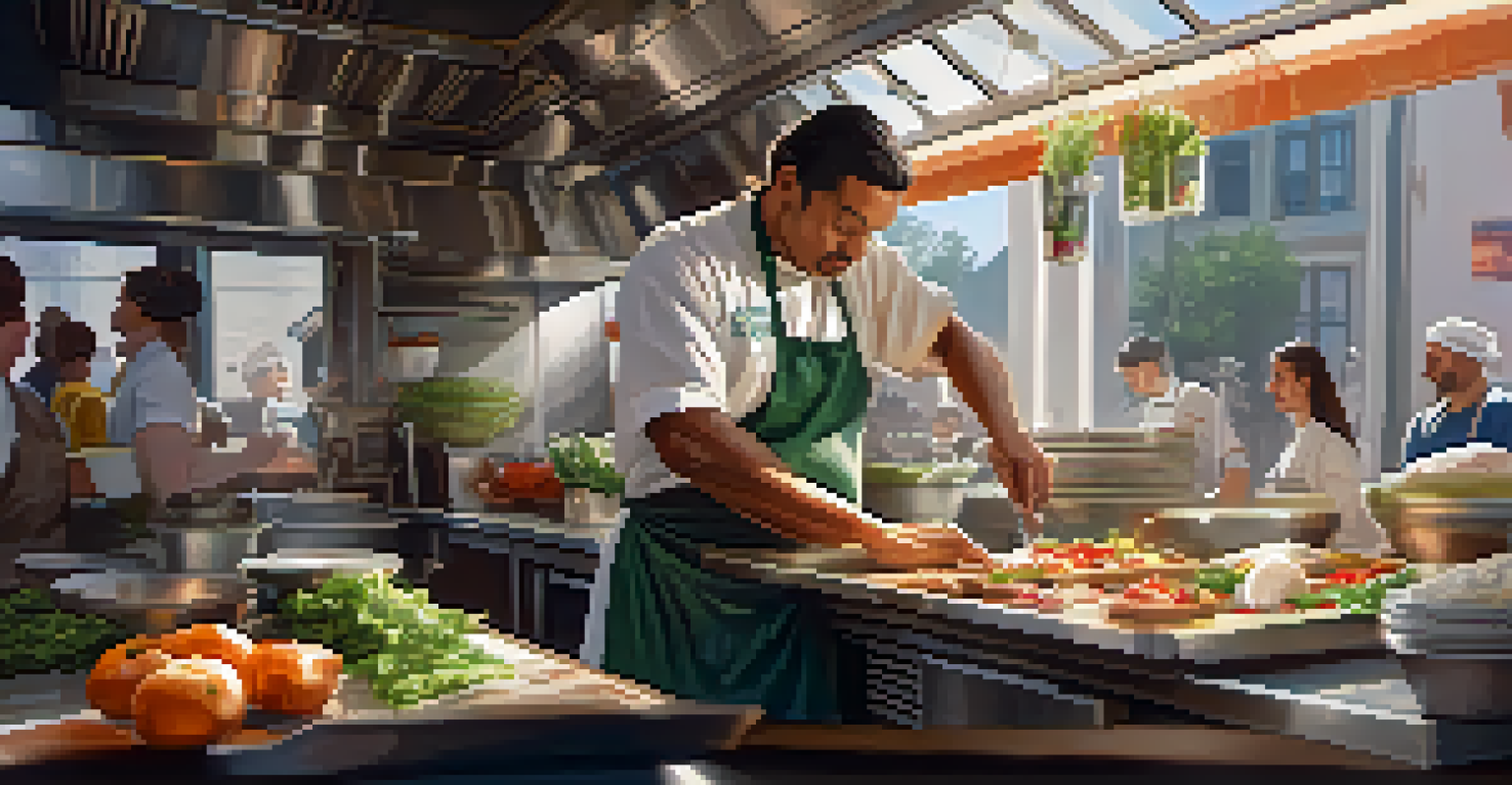 A chef preparing dishes in a food truck kitchen, surrounded by fresh ingredients and illuminated by sunlight.