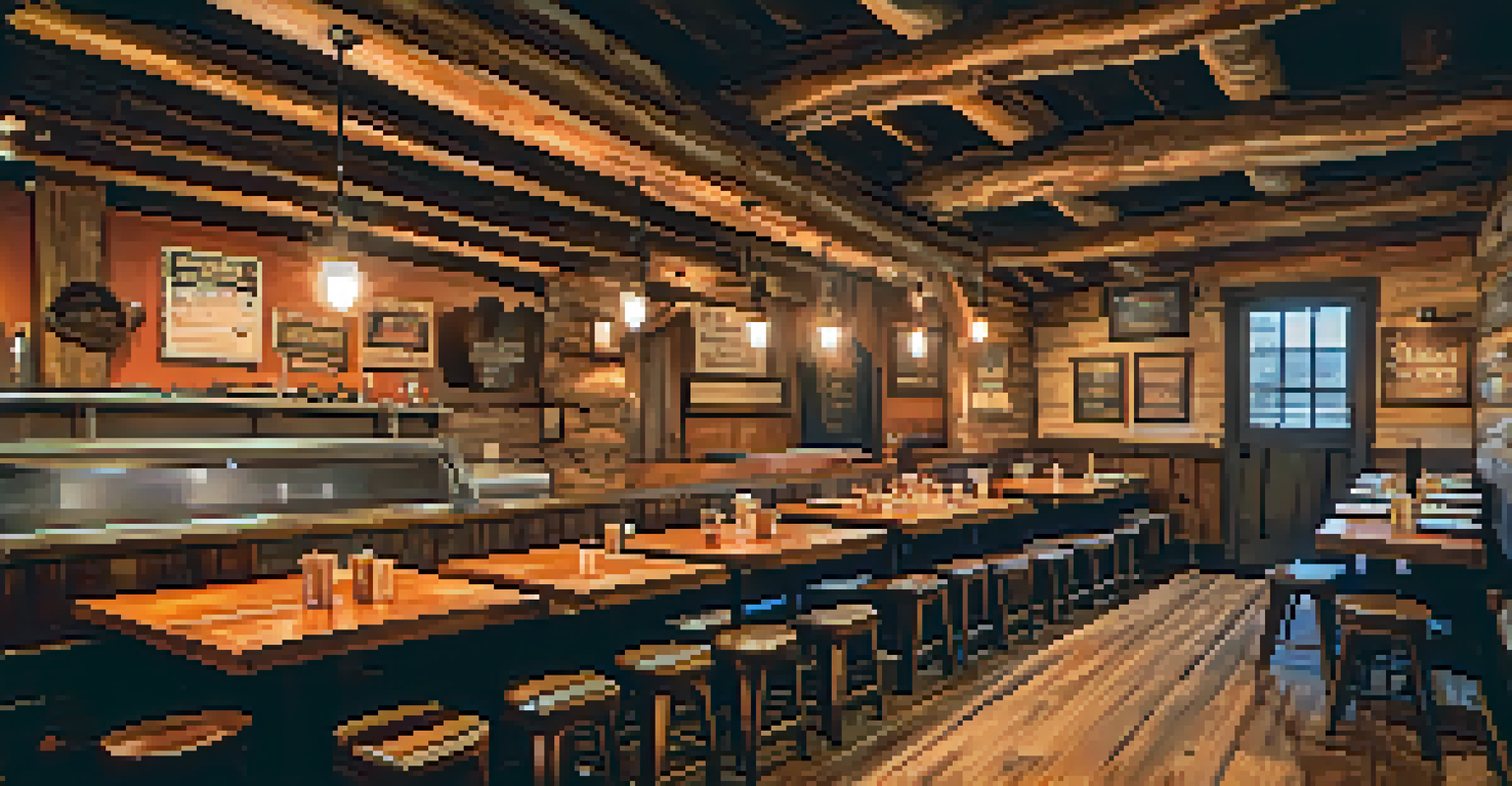 A warm and rustic BBQ restaurant interior with a table full of delicious smoked meats and sides, inviting diners to enjoy their meal.