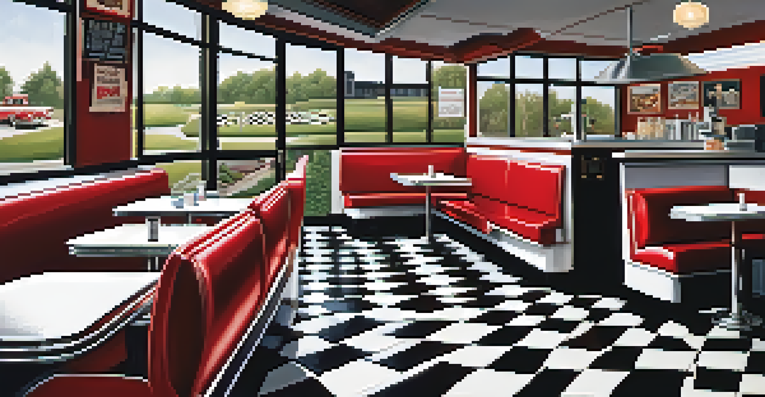 The interior of a quaint diner with red booths and vintage decor, featuring sunlight streaming through the window.