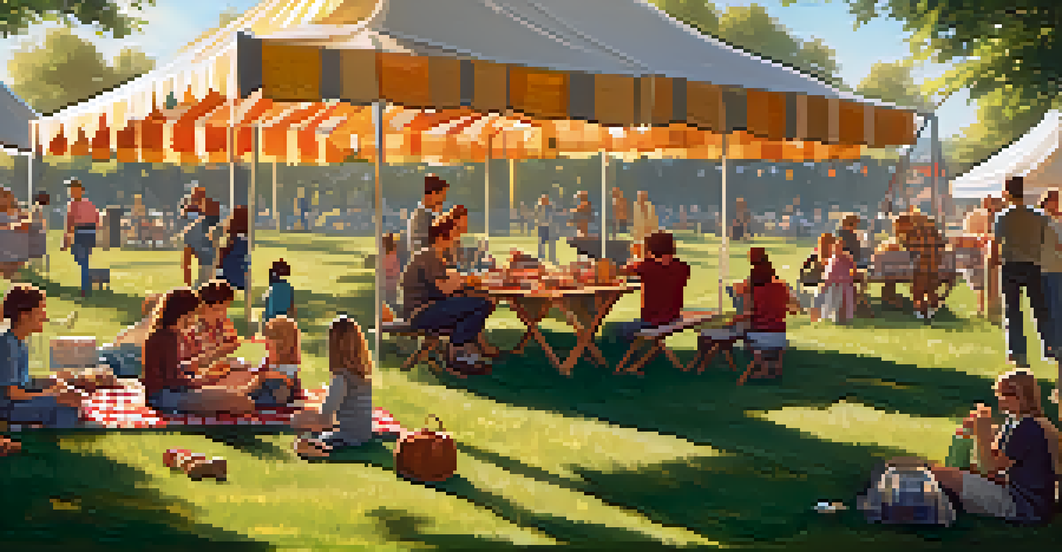 A family enjoying a picnic with sandwiches and fruits at an outdoor festival, surrounded by laughter and activities.