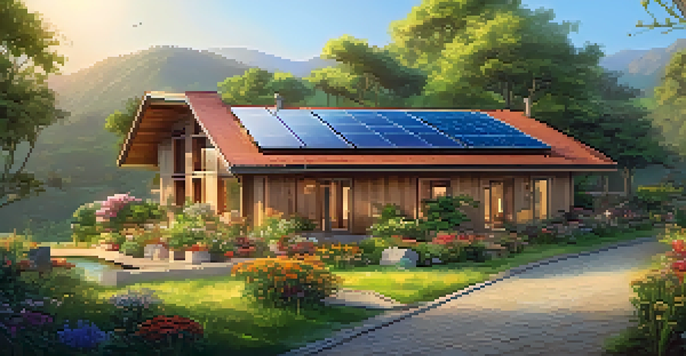 A peaceful eco-friendly lodge in a green setting, with solar panels and colorful flowers under soft sunlight.