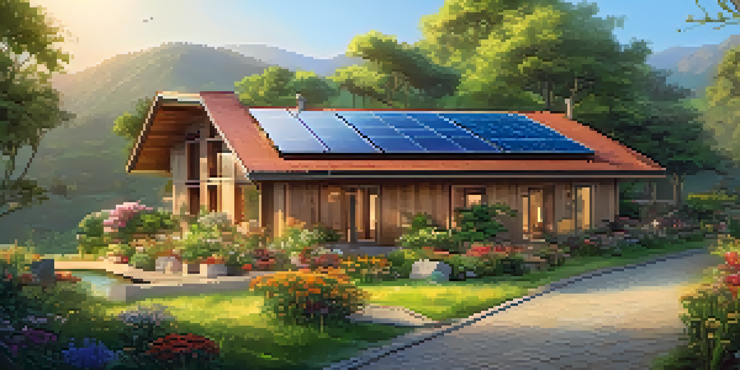 A peaceful eco-friendly lodge in a green setting, with solar panels and colorful flowers under soft sunlight.