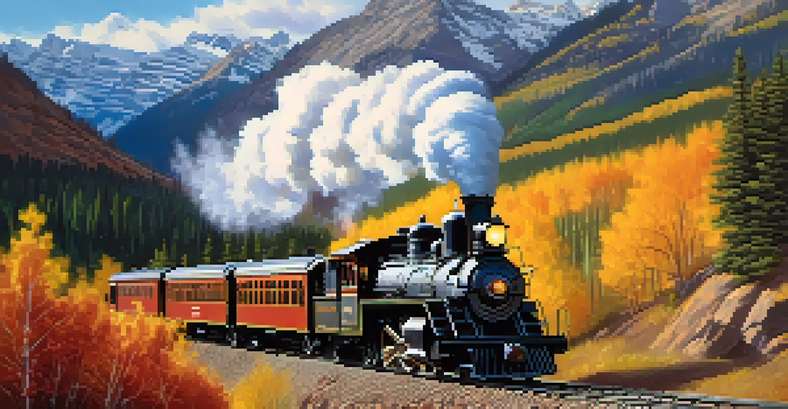 A vintage steam locomotive on the Durango & Silverton Narrow Gauge Railroad surrounded by autumn foliage, lush forests, and the sparkling Animas River.
