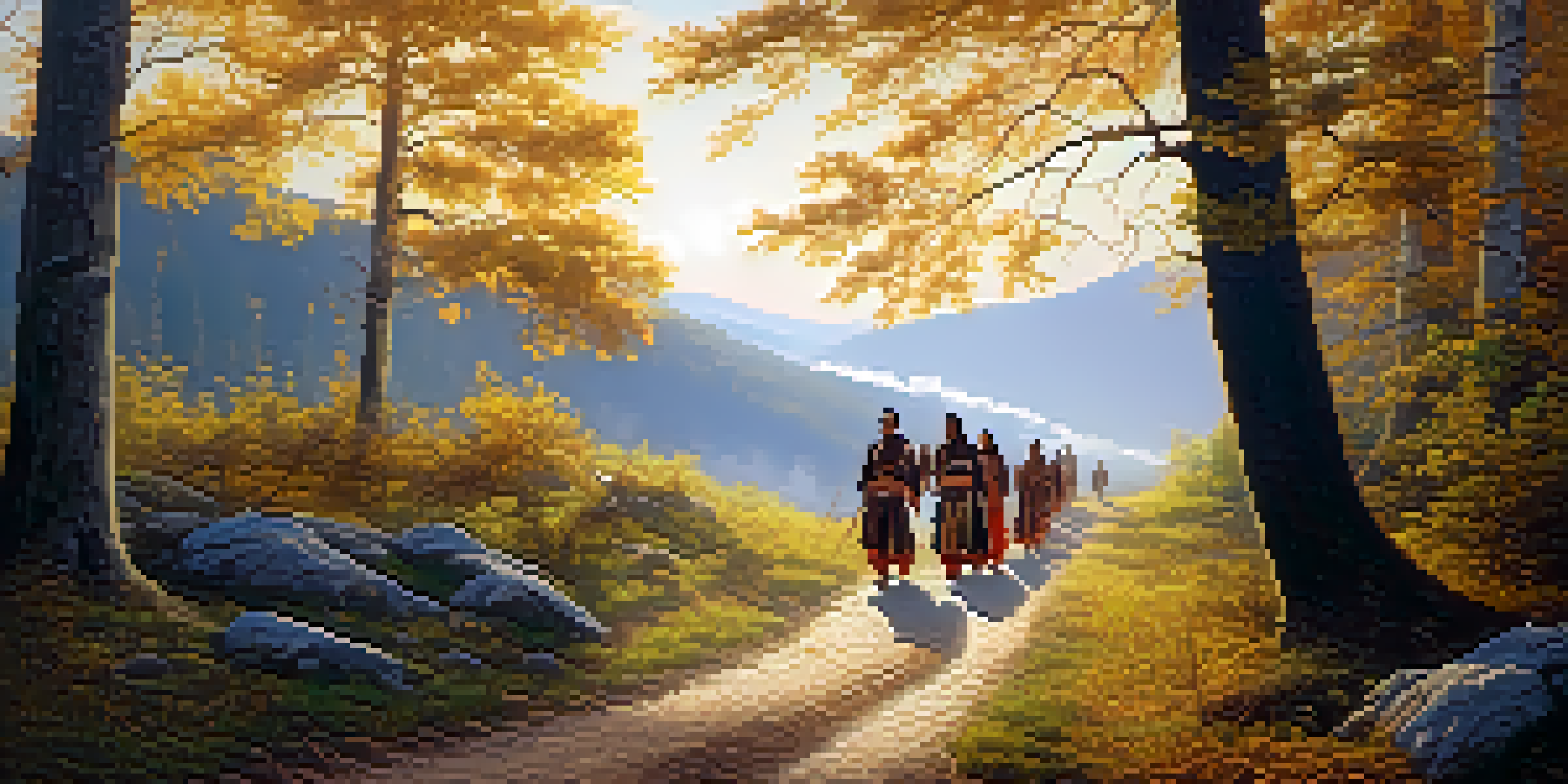 A peaceful forest scene capturing the Trail of Tears, with Cherokee individuals walking along a dirt path illuminated by golden sunlight.