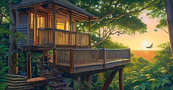 A serene treehouse surrounded by greenery with a sunset glow, featuring a hammock and birds.