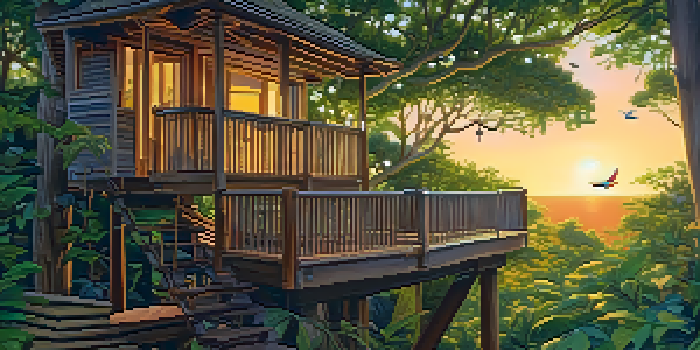 A serene treehouse surrounded by greenery with a sunset glow, featuring a hammock and birds.