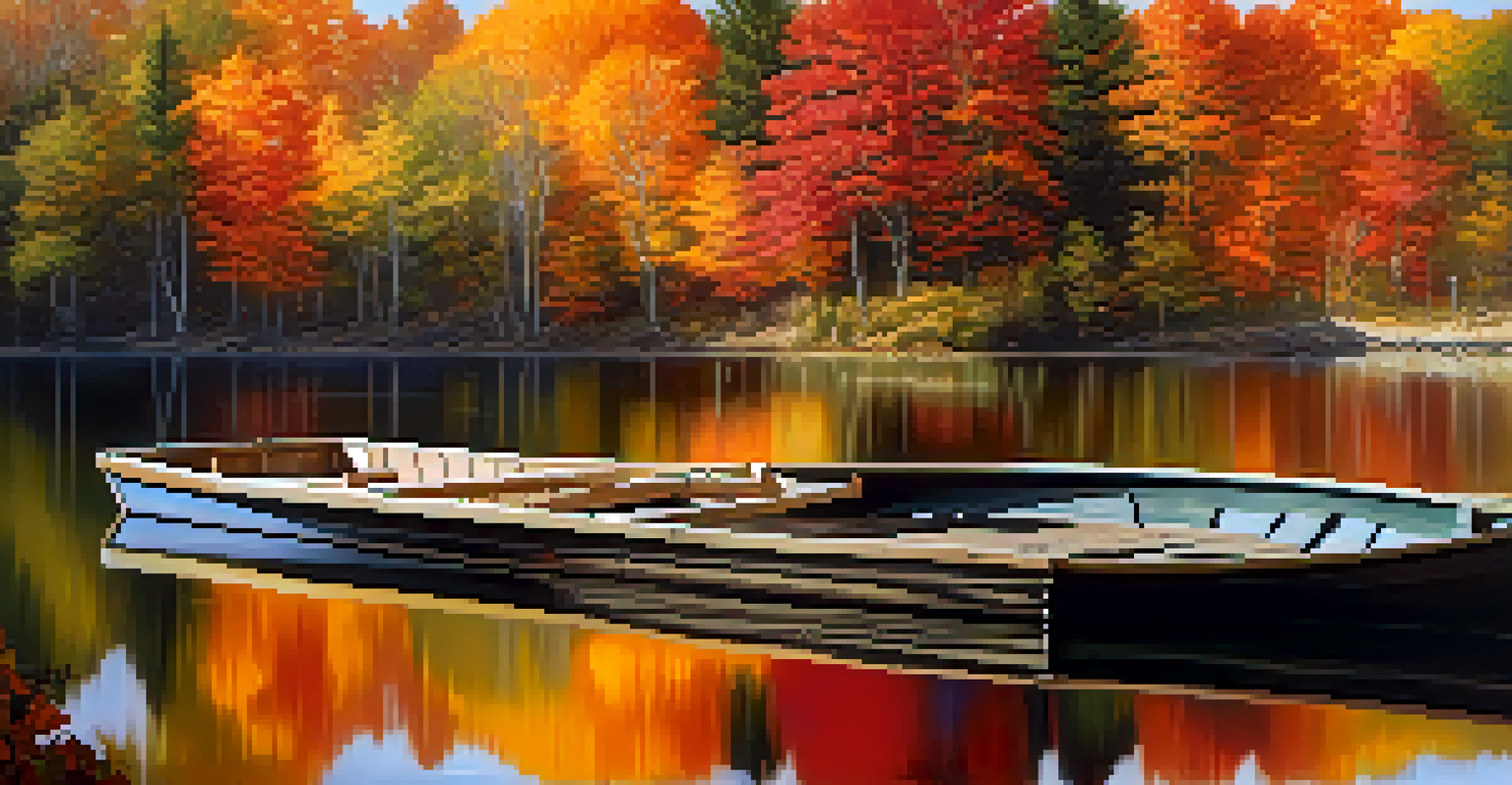 An autumn lakeside view with vibrant foliage reflecting in calm water and a wooden dock.
