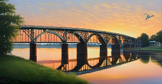 A sunrise view of the Edmund Pettus Bridge in Selma, Alabama, with soft golden light and calm waters reflecting the sky.