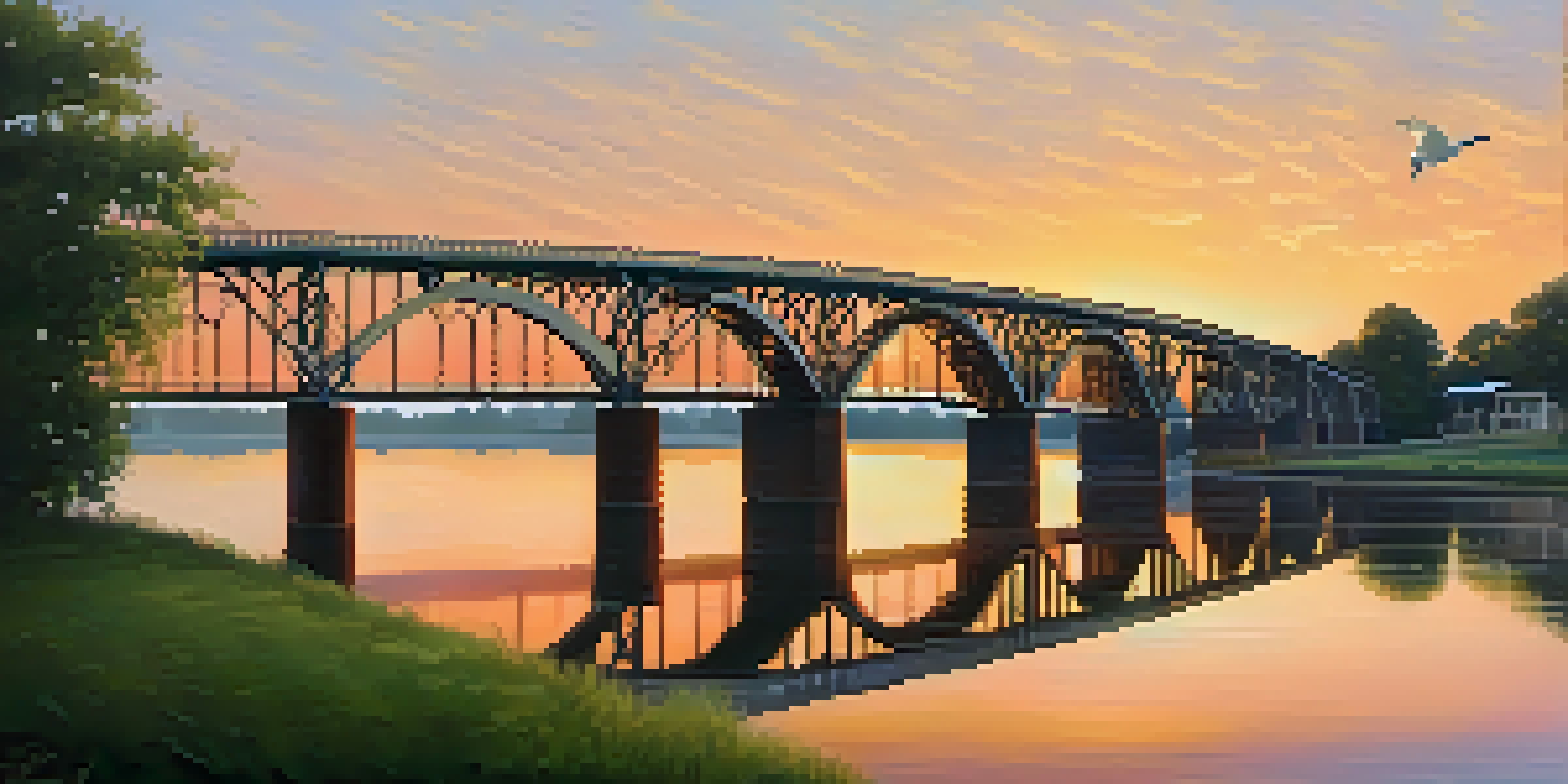A sunrise view of the Edmund Pettus Bridge in Selma, Alabama, with soft golden light and calm waters reflecting the sky.