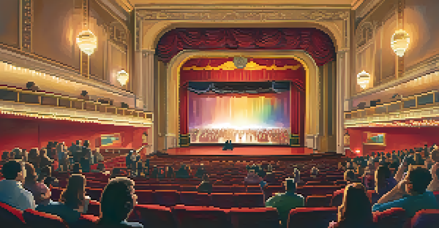 The interior of Castro Theatre with its historic architecture, marquee lights, and an engaged audience watching a film, bathed in warm colors.