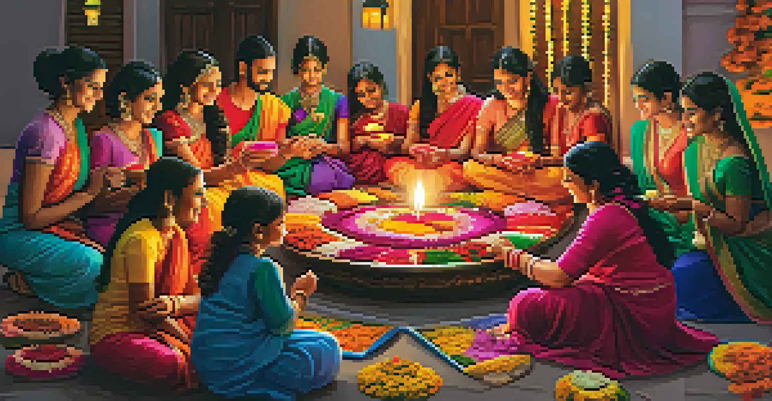 A joyful Diwali celebration with families lighting lamps and colorful decorations, showcasing vibrant rangoli designs and traditional attire.