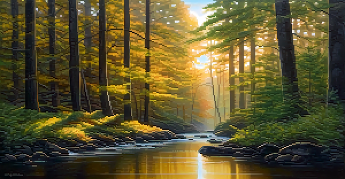 A tranquil forest scene during the golden hour, with sunlight filtering through the trees and a reflecting stream in the foreground.
