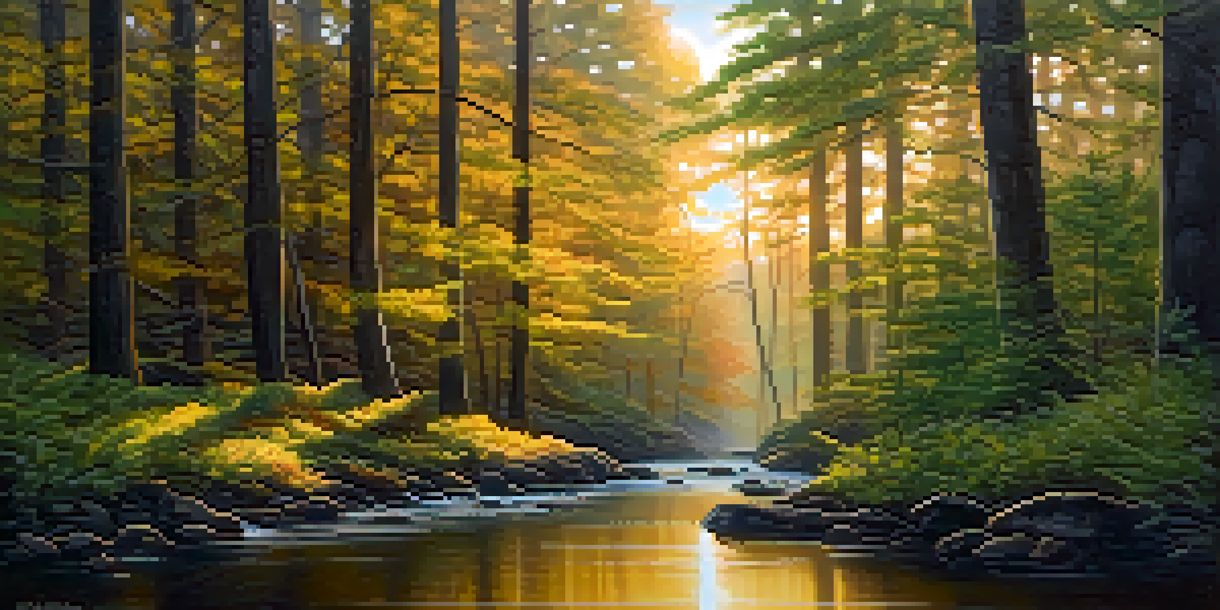 A tranquil forest scene during the golden hour, with sunlight filtering through the trees and a reflecting stream in the foreground.