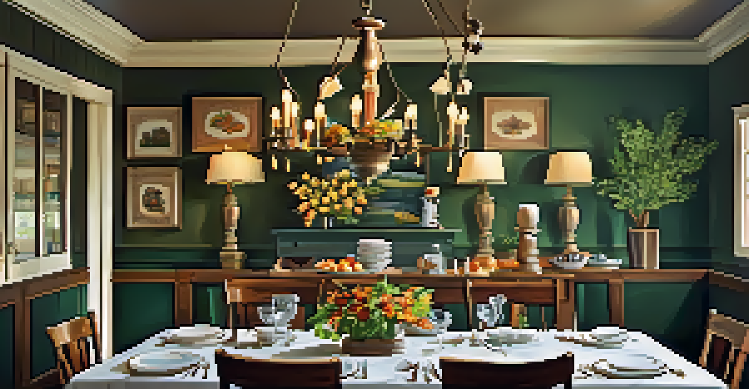 A cozy dining room table set for a Southern family meal with fried chicken, collard greens, and cornbread, illuminated by a chandelier.