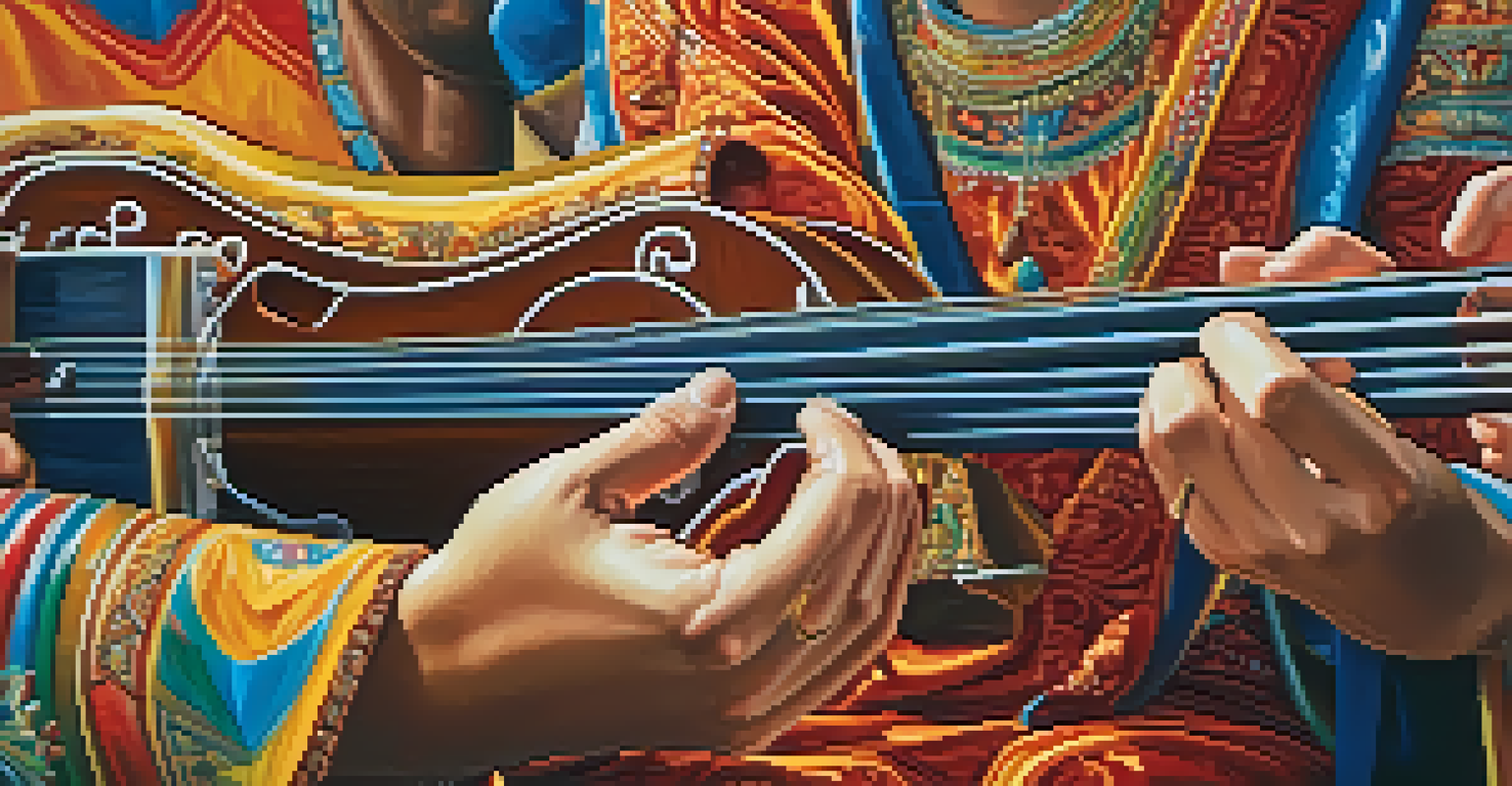 A close-up view of hands skillfully playing a fusion instrument at a vibrant festival.