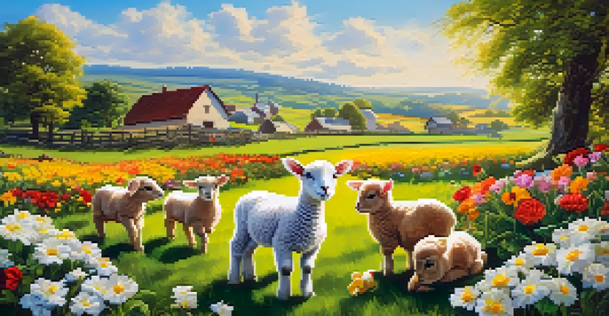 A colorful spring farm with blooming flowers and playful baby animals in a sunny field.