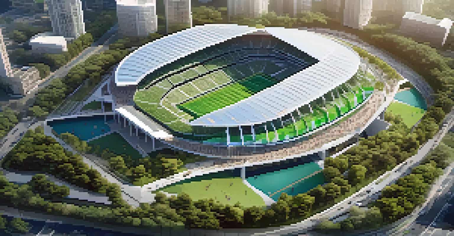 Aerial view of a modern stadium with surrounding green spaces and fans, highlighting urban development and sustainability.