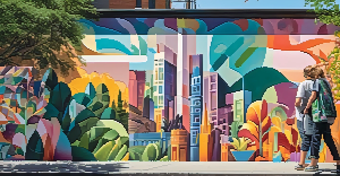 A colorful street mural showcasing an abstract cityscape with vibrant characters, with a person taking a photo in front.