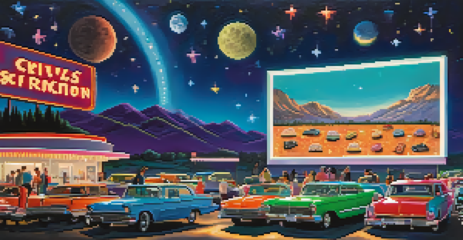 Cars parked at a drive-in theater with a movie on the screen and food trucks nearby under a starry sky.