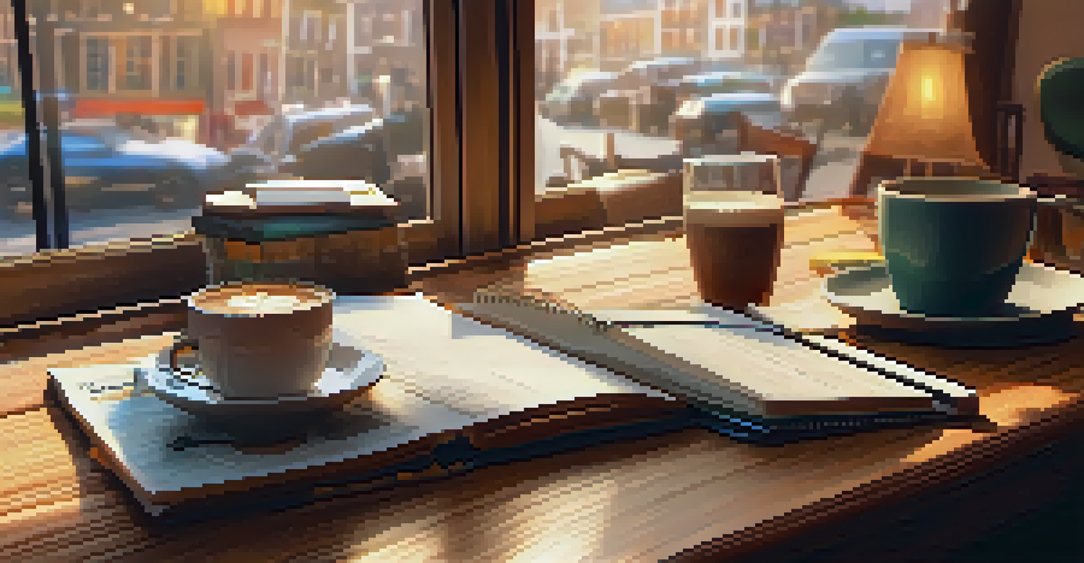 A traveler's workspace in a cozy café featuring a laptop displaying travel plans, a cup of coffee, and a travel guidebook, with sunlight streaming through the window.