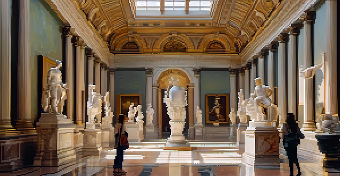 Interior view of the Galleria Borghese, showcasing marble sculptures and warm architectural details with visitors admiring the art.