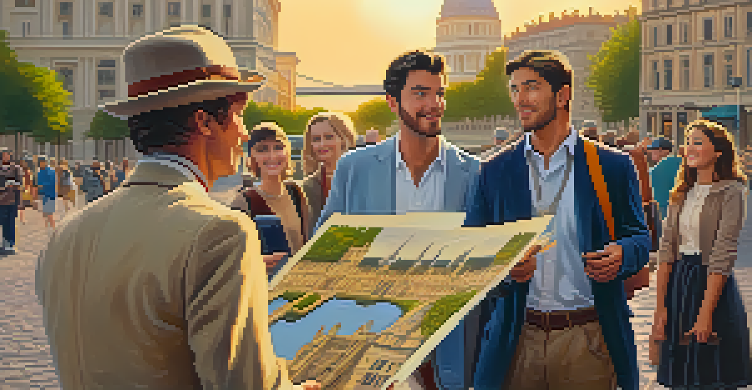 A tour guide sharing stories in front of a historic landmark with a group of interested tourists at sunset.