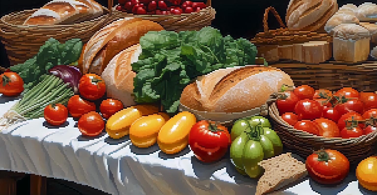 A close-up of an artisan food market table with organic vegetables and artisan bread, showcasing vibrant textures and colors.