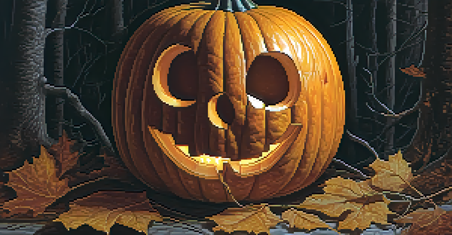 A close-up of a carved pumpkin with a haunting face, illuminated by candlelight against a dark forest backdrop.