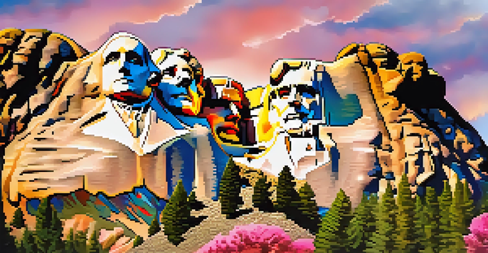 A panoramic view of Mount Rushmore during sunset, showcasing the illuminated presidential faces and colorful sky.
