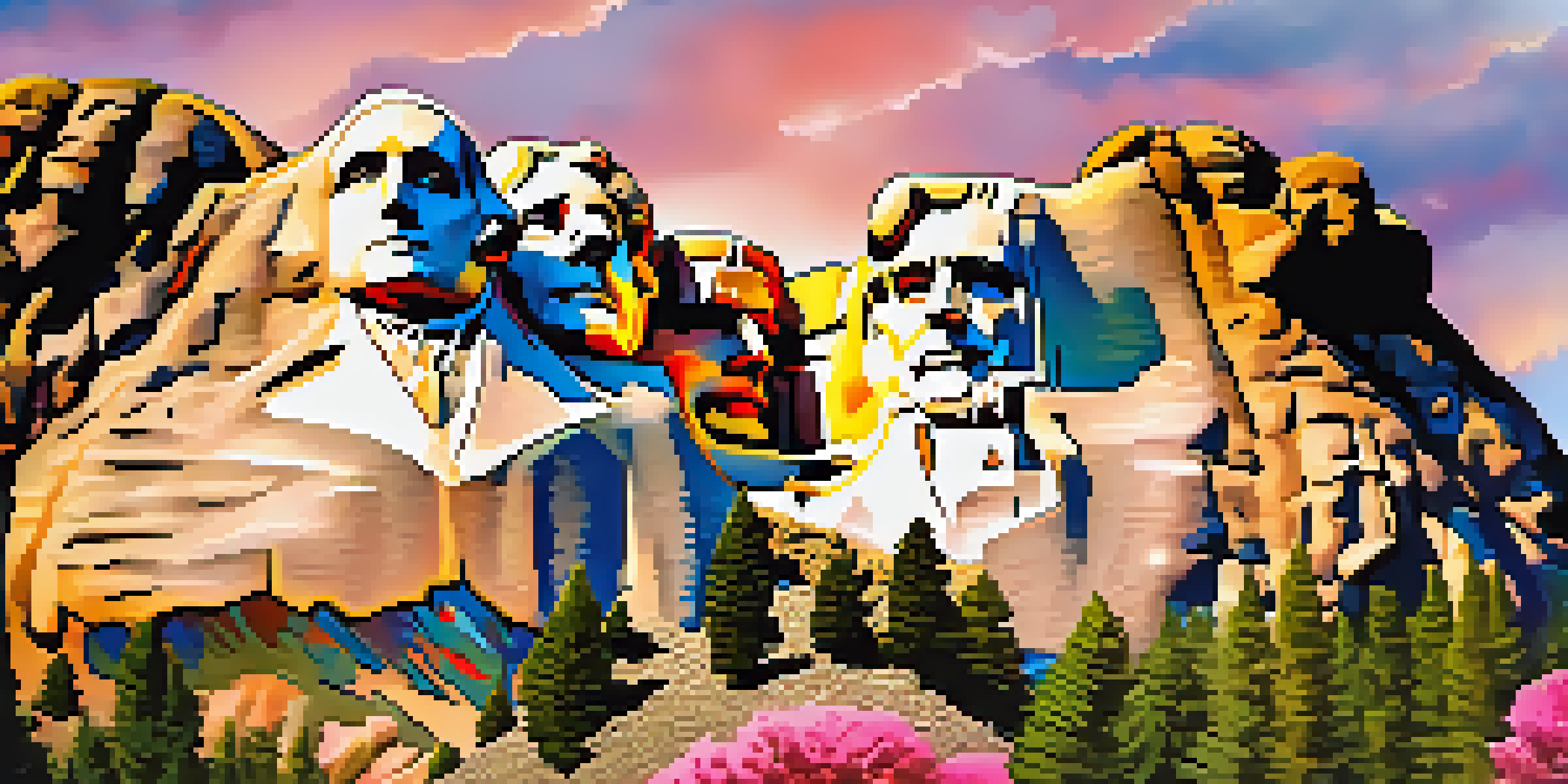 A panoramic view of Mount Rushmore during sunset, showcasing the illuminated presidential faces and colorful sky.