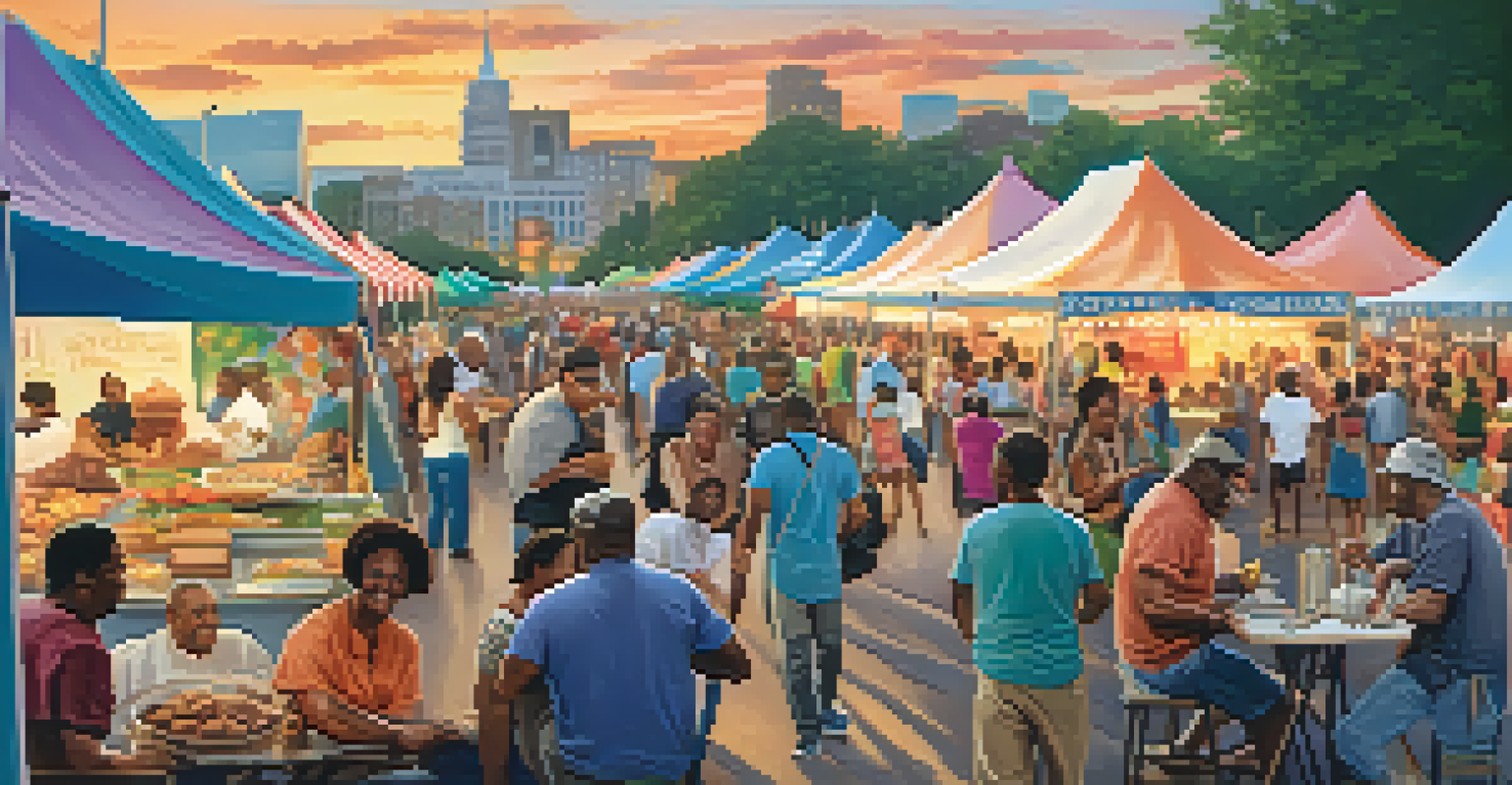 A vibrant soul food festival with attendees sampling dishes like fried catfish and peach cobbler, surrounded by colorful tents and live music.