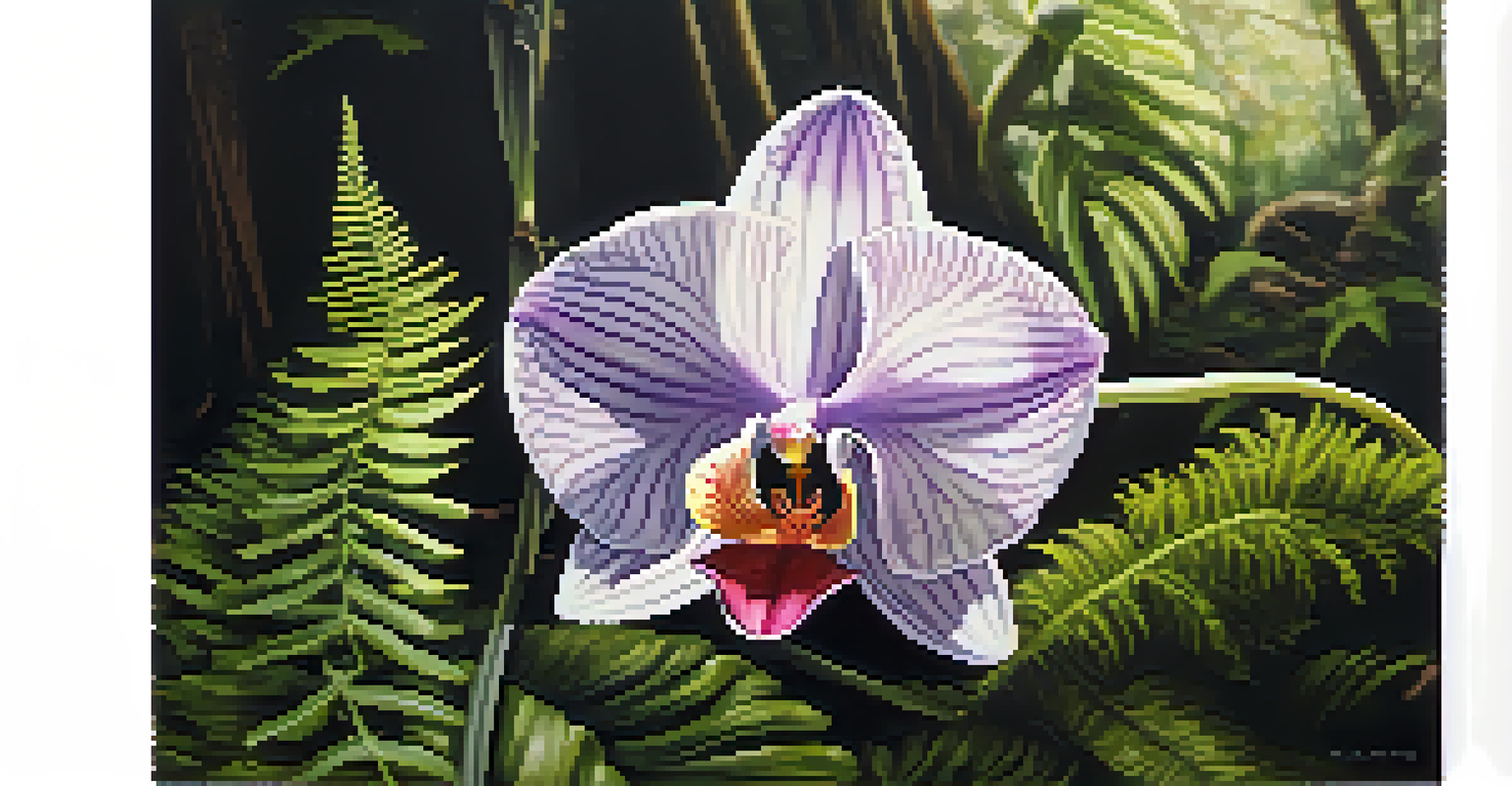 A close-up of a rare orchid in a shaded forest with sunlight filtering through the trees.