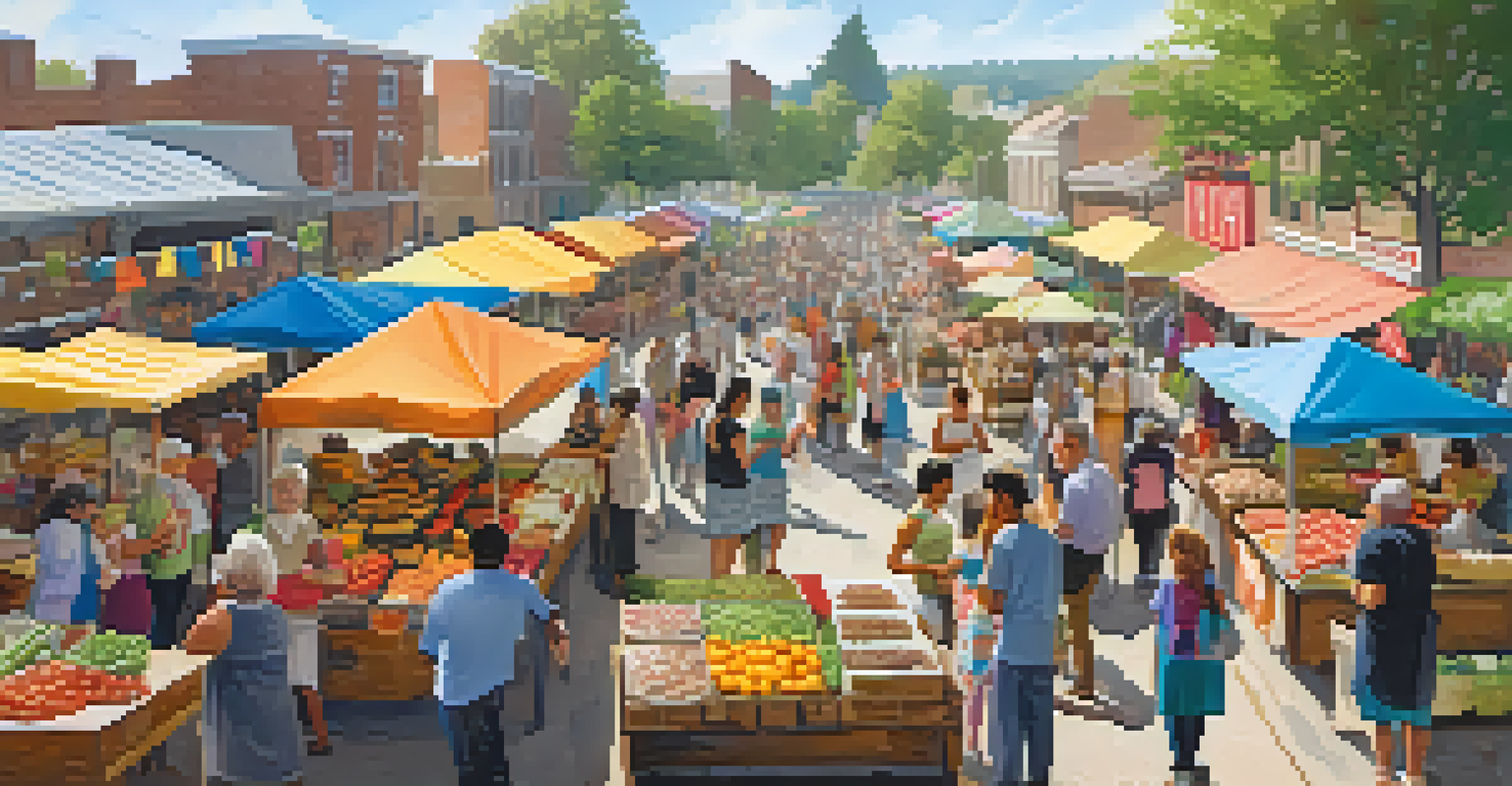 A diverse group of people sharing recipes and cooking tips at a farmers' market.
