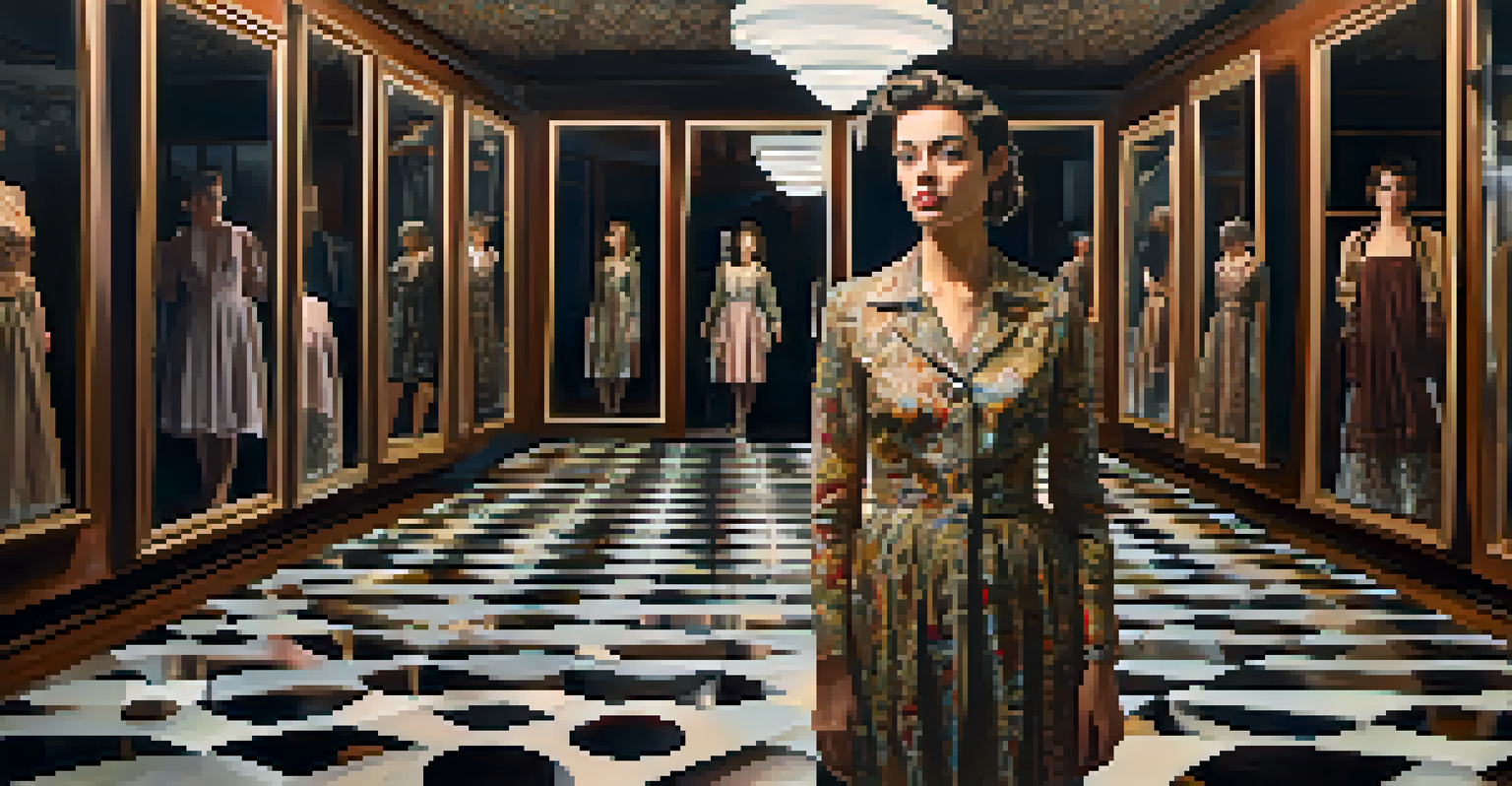 A conceptual self-portrait of a woman in vintage clothing surrounded by mirrors, creating reflective patterns in a dimly lit room.