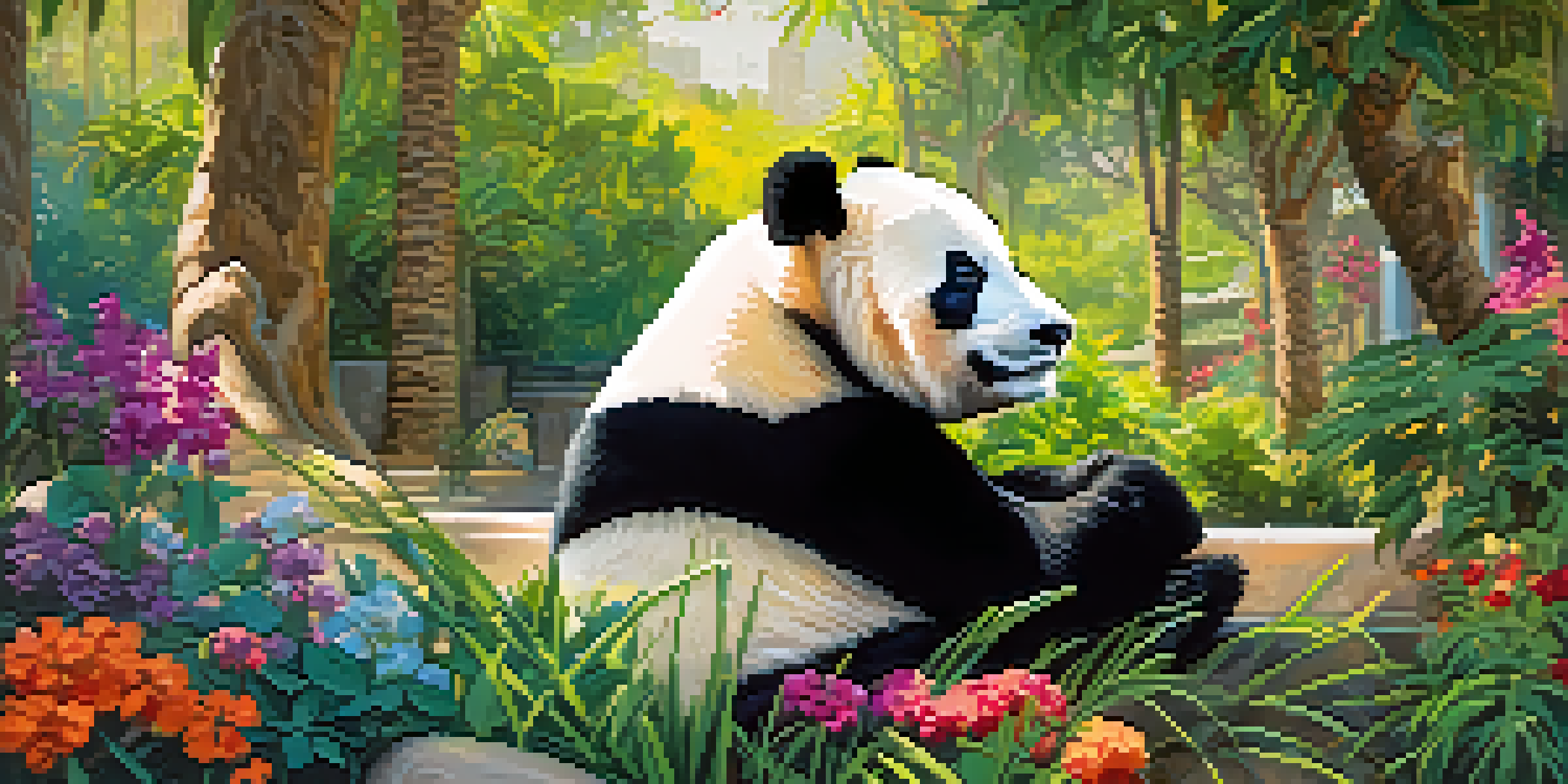 A giant panda resting on a tree branch in the San Diego Zoo, surrounded by green foliage and colorful flowers, with visitors in the background.