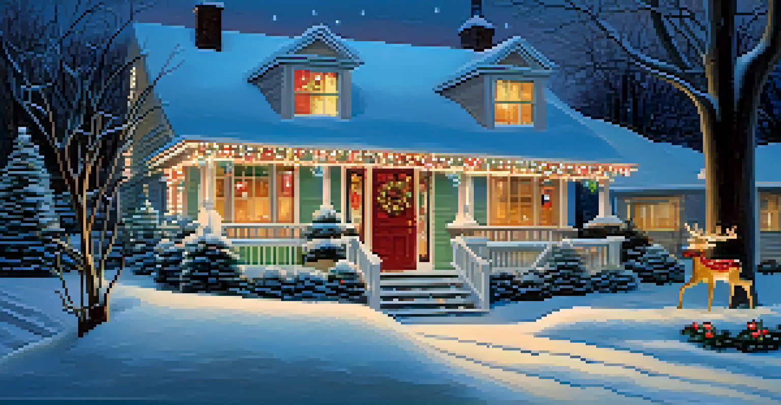 A peaceful neighborhood home decorated with colorful holiday lights and winter decorations, surrounded by soft snow.