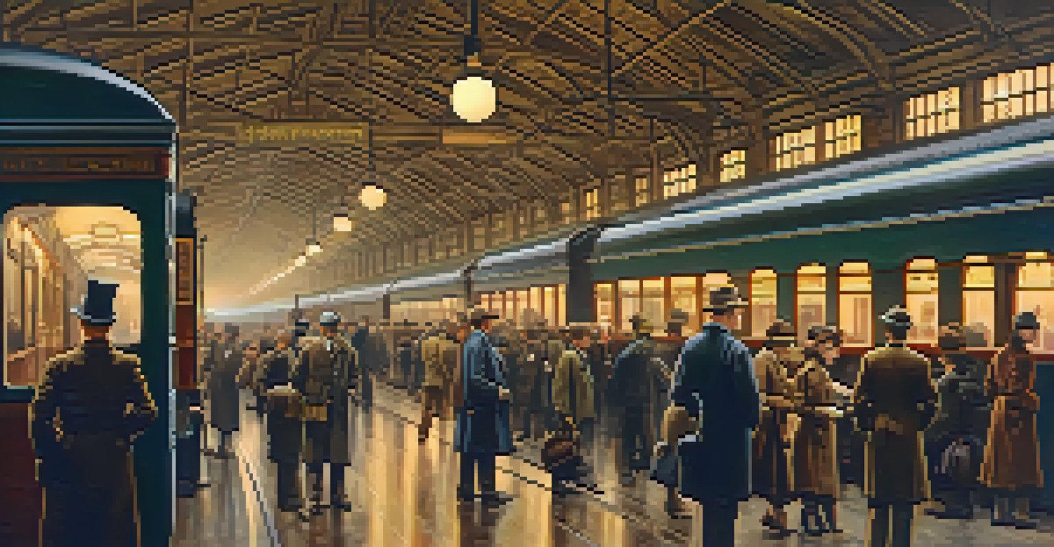 A historical train station bustling with travelers in early 20th-century attire, illuminated by antique lamps and decorated with vintage posters.