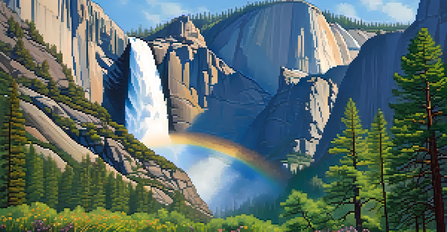 An up-close view of Yosemite Falls with rushing water and vibrant spring foliage.