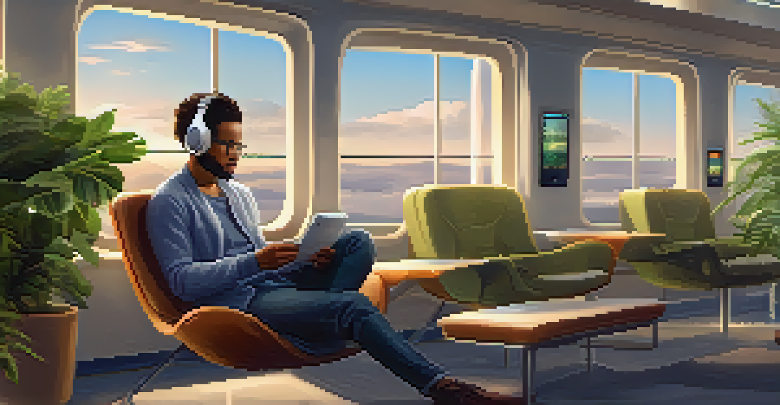A traveler in an airport lounge wearing noise-canceling headphones and reading an e-reader, surrounded by a cozy and serene atmosphere with plush seating and greenery.