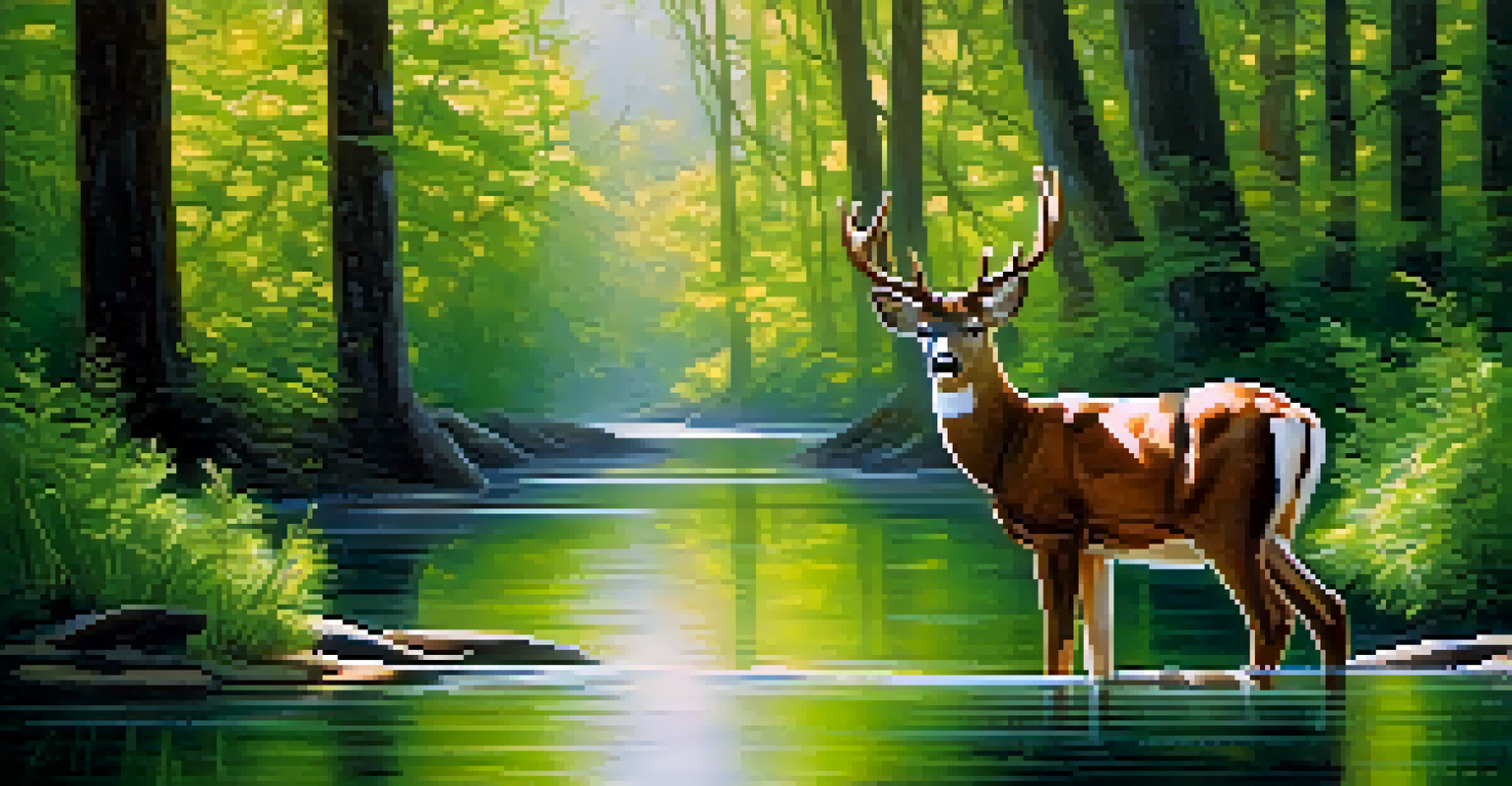A graceful deer standing by a peaceful stream in a sunlit forest, surrounded by lush greenery.