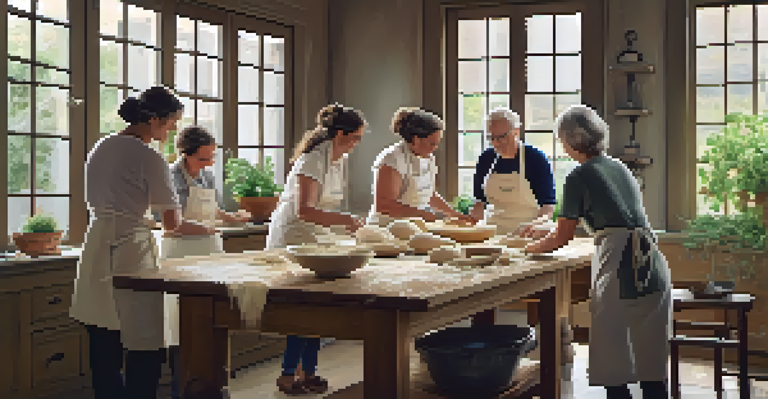 Participants in a cooking class kneading dough together, surrounded by fresh ingredients and bright natural light.