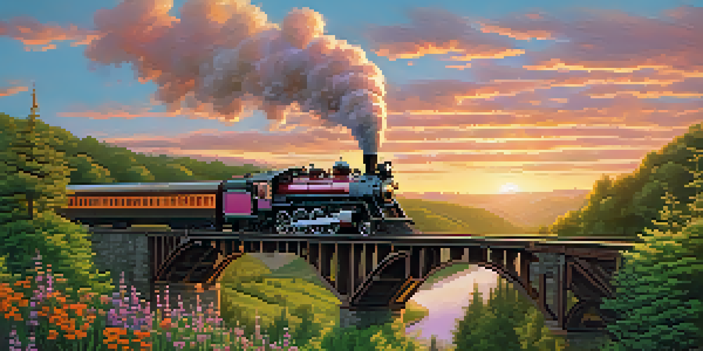 A vintage steam locomotive crossing a wooden bridge over a lush green valley at sunset, with warm colors in the sky and wildflowers in the foreground.
