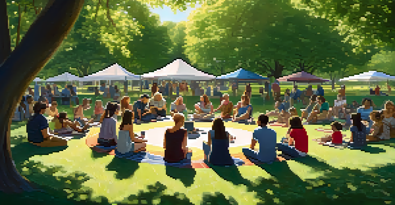 An inclusive storytelling circle in a park with diverse participants sharing stories, surrounded by greenery and dappled sunlight.