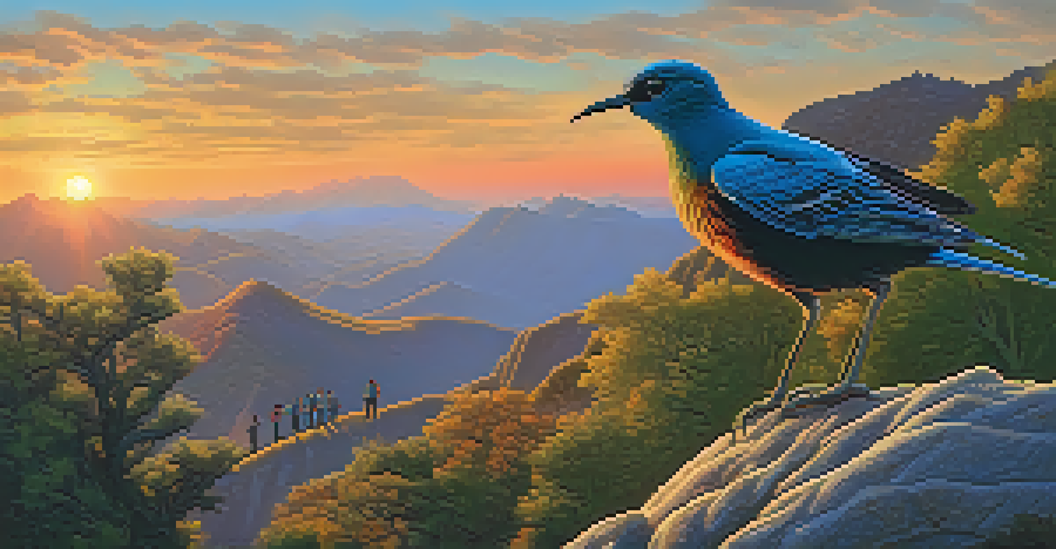 A local guide pointing at a rare bird while hikers listen attentively, with a sunset over a valley in the background.