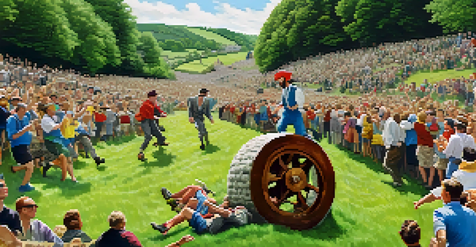 Participants joyfully chasing a large wheel of cheese down a hill at the Cheese Rolling Festival, surrounded by an enthusiastic crowd under a blue sky.