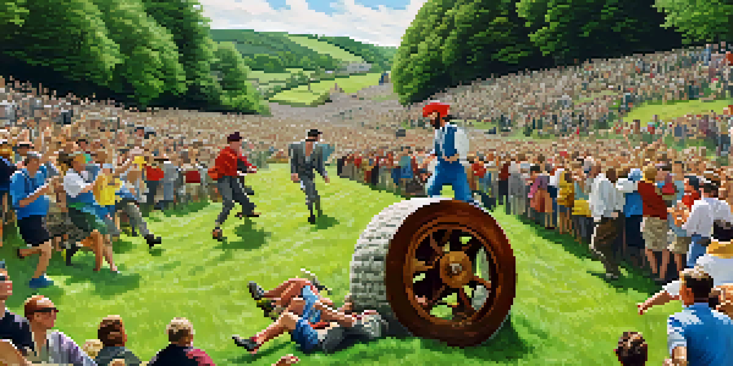 Participants joyfully chasing a large wheel of cheese down a hill at the Cheese Rolling Festival, surrounded by an enthusiastic crowd under a blue sky.