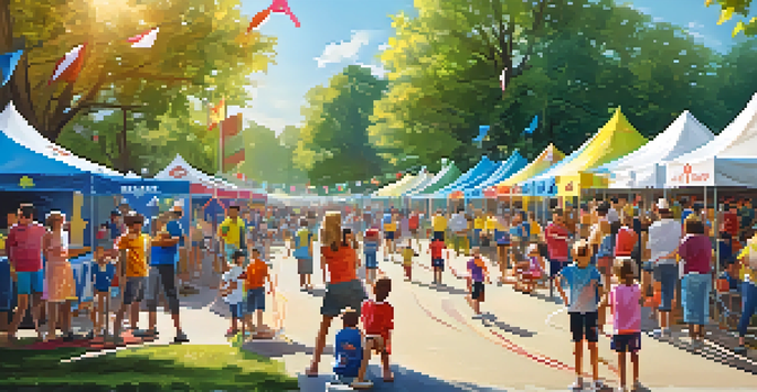 A lively community sports festival with families and children participating in games, colorful banners, and food stalls under a bright sun.