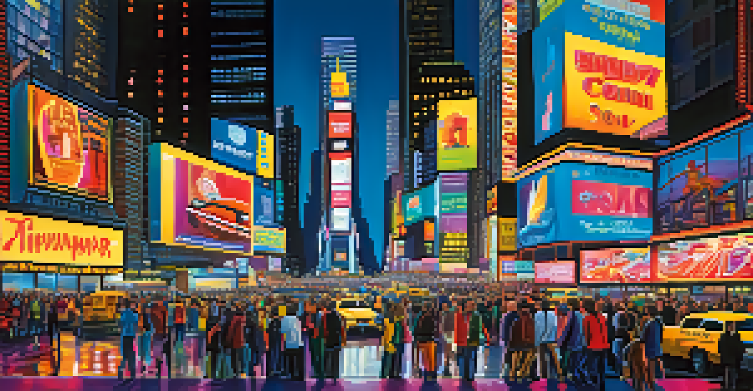 A bustling Times Square at night, showcasing bright neon lights, crowds of people, and street performers.