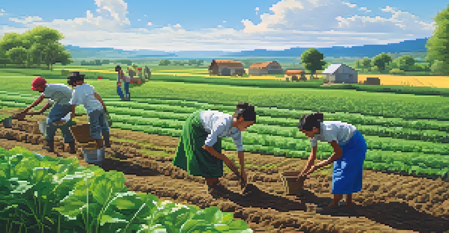Volunteers and local farmers working together in a sustainable farm setting, planting crops under a clear blue sky.